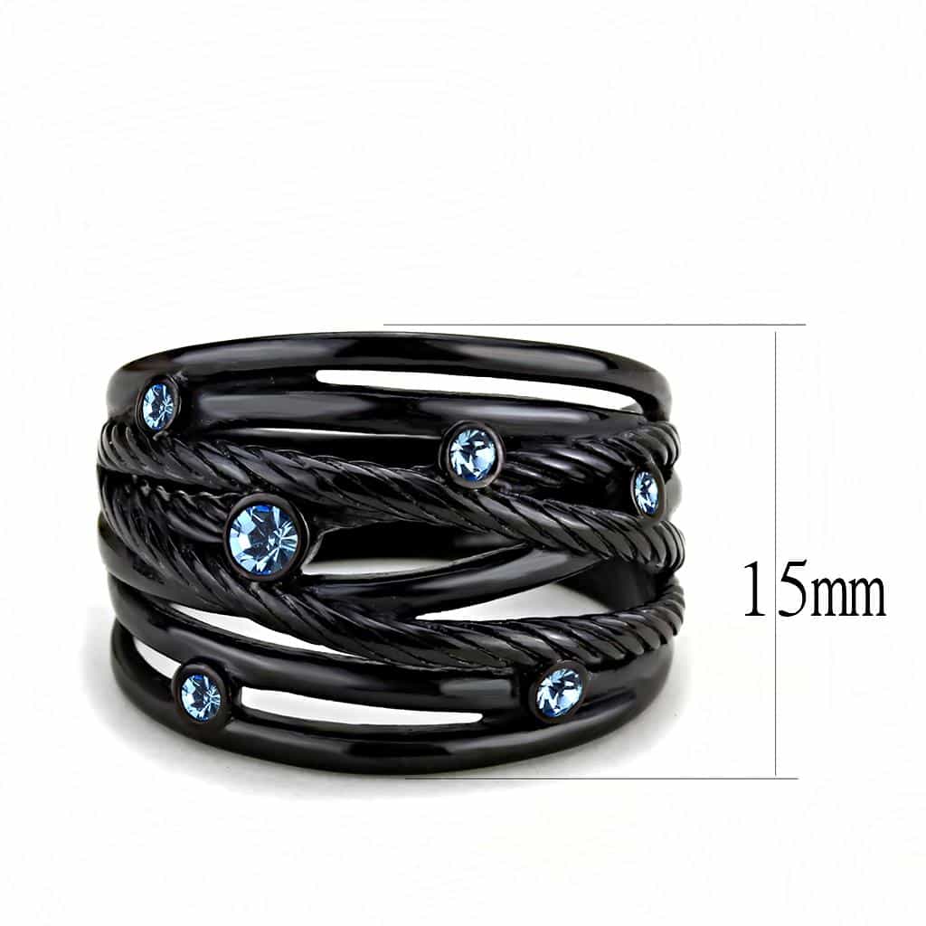 Stainless Steel Black IP Aquamarine CZ Cable Wire Bezel Wide Ring view 3