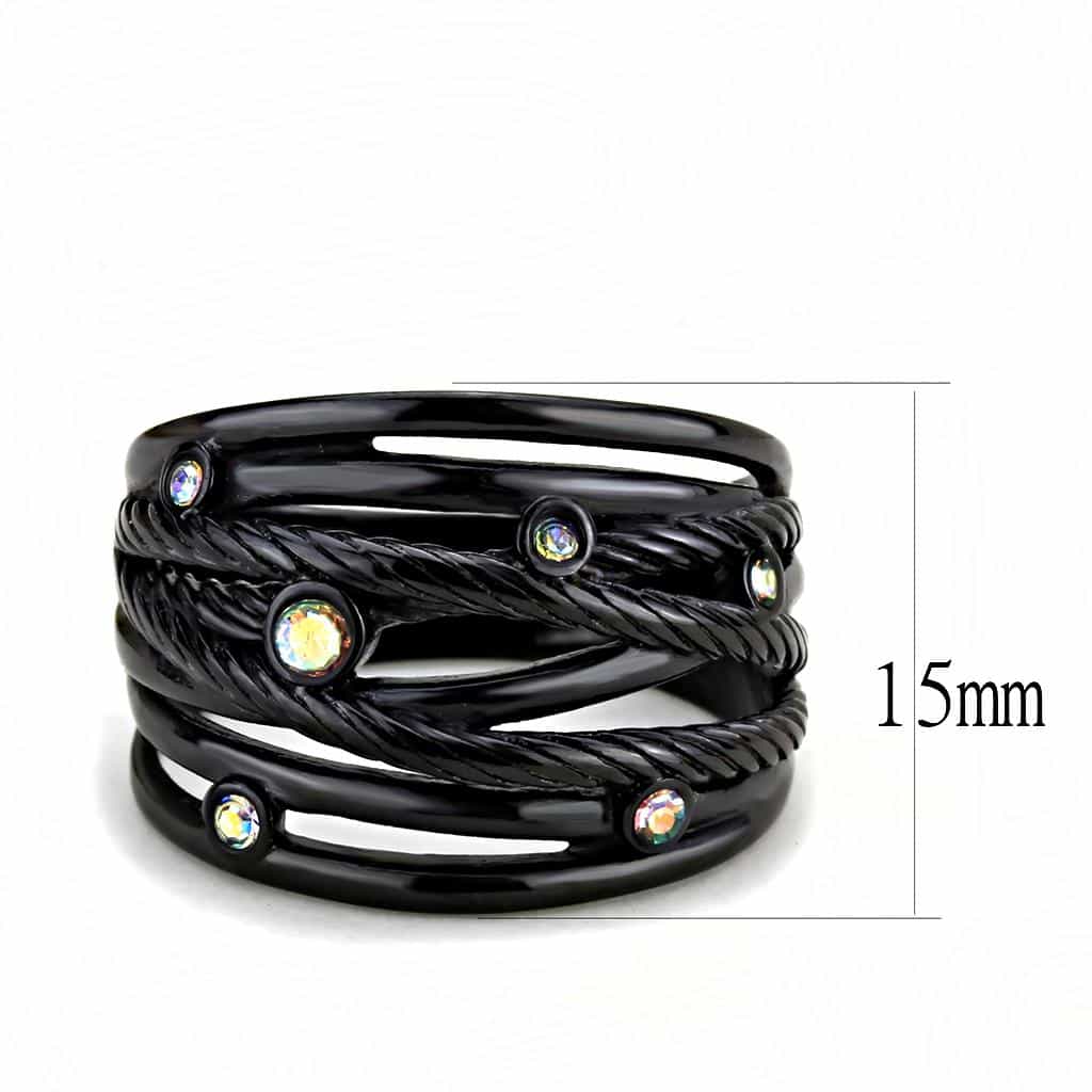Stainless Steel Black IP Aurora Borealis Crystal Cable Wire Ring view 3