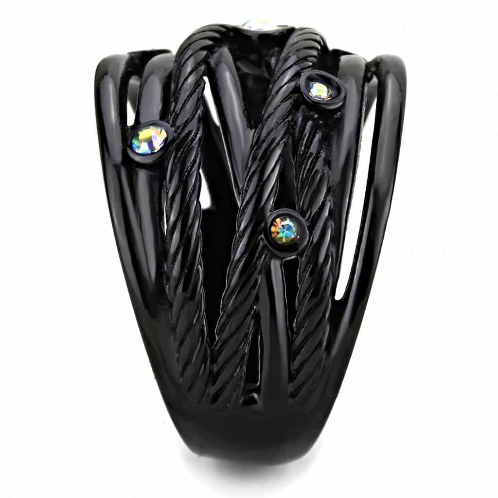 Stainless Steel Black IP Aurora Borealis Crystal Cable Wire Ring view 7