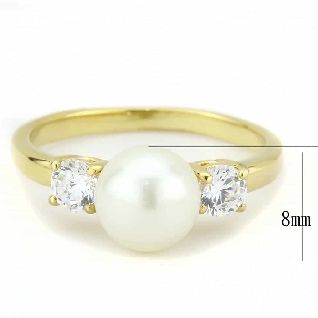 Stainless Steel Gold IP White Pearl CZ Round Three Stone Ring view 3