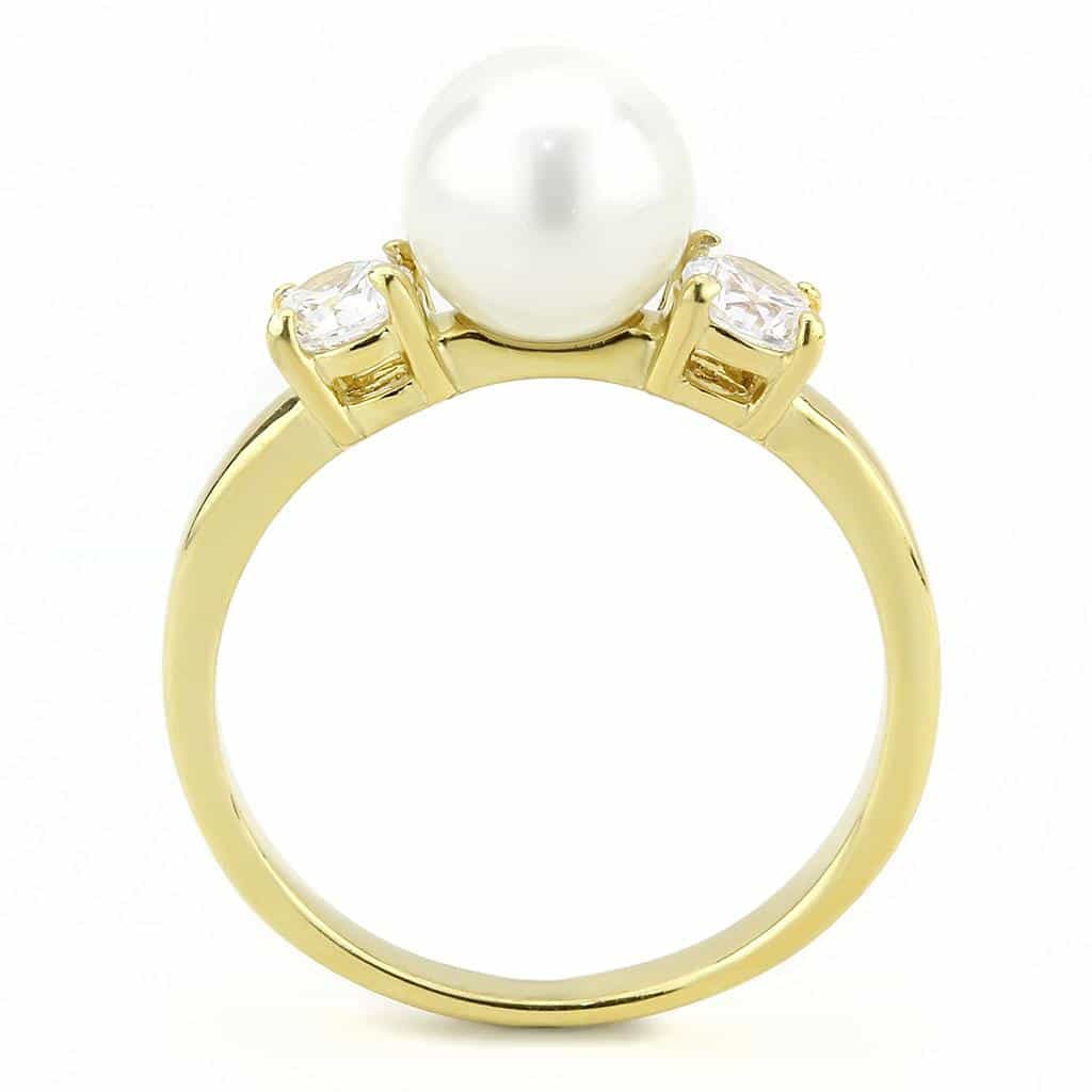 Stainless Steel Gold IP White Pearl CZ Round Three Stone Ring view 5