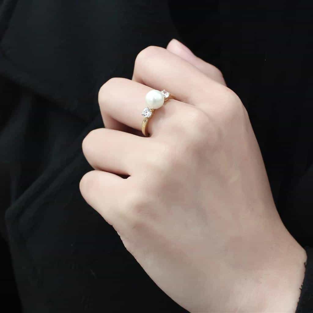 Stainless Steel Gold IP White Pearl CZ Round Three Stone Ring view 9