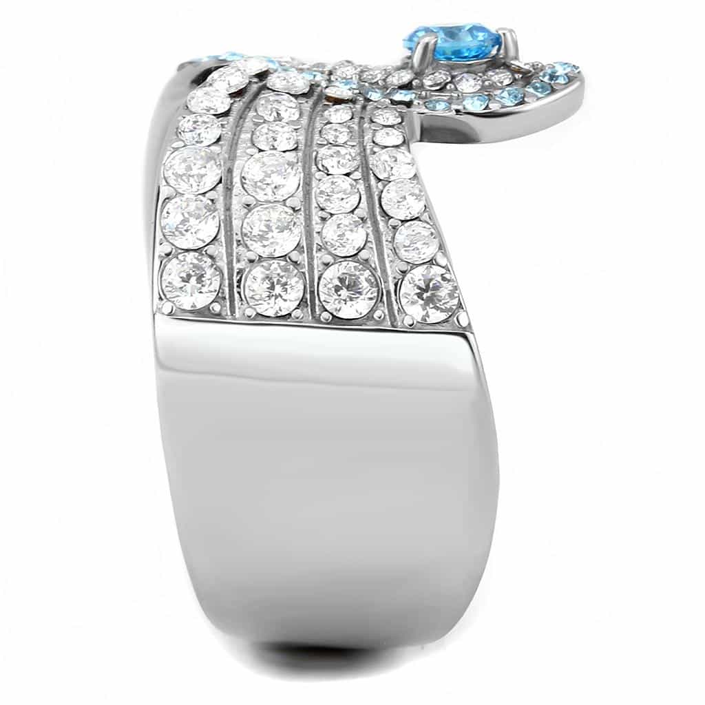 Stainless Steel Aquamarine CZ Round Pave Channel X Crossover Ring view 9