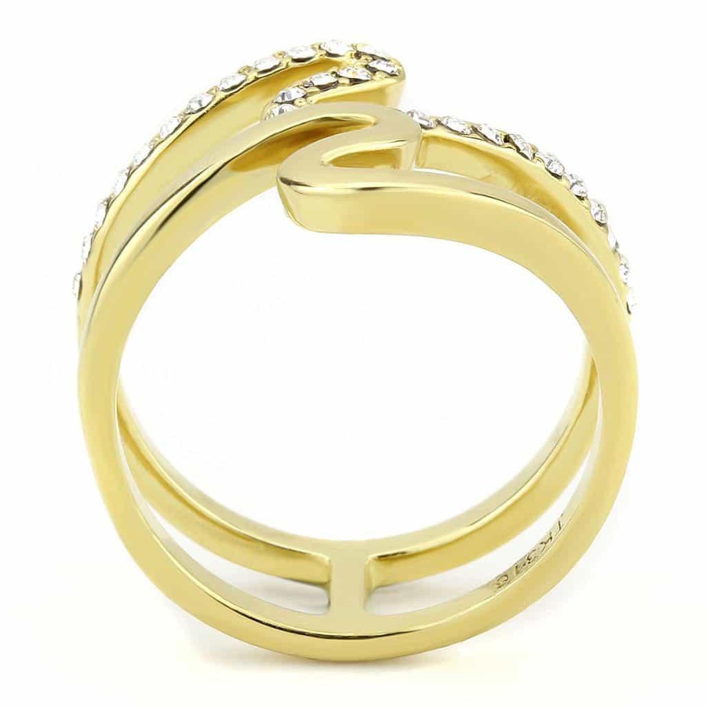 Stainless Steel Gold IP CZ Pave Double Loop Swirl Open Ring view 5