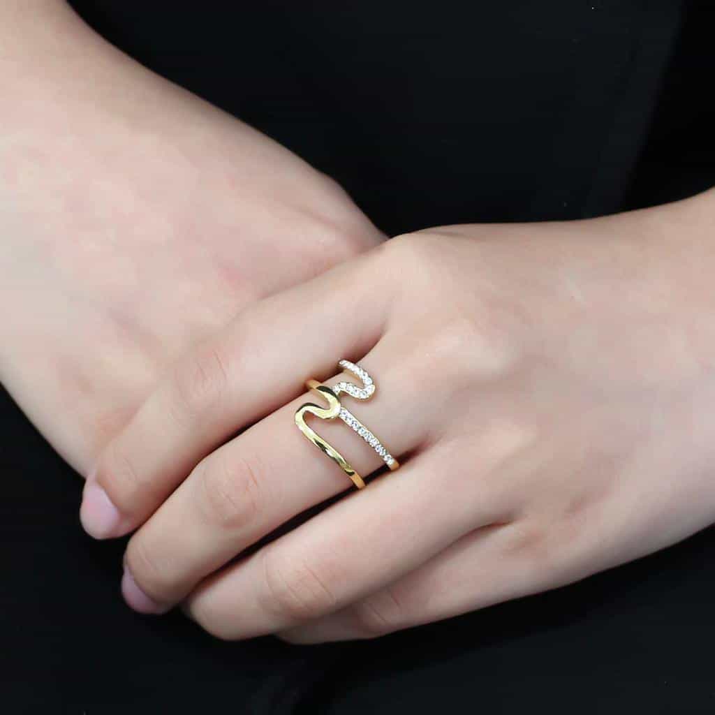 Stainless Steel Gold IP CZ Pave Double Loop Swirl Open Ring view 9