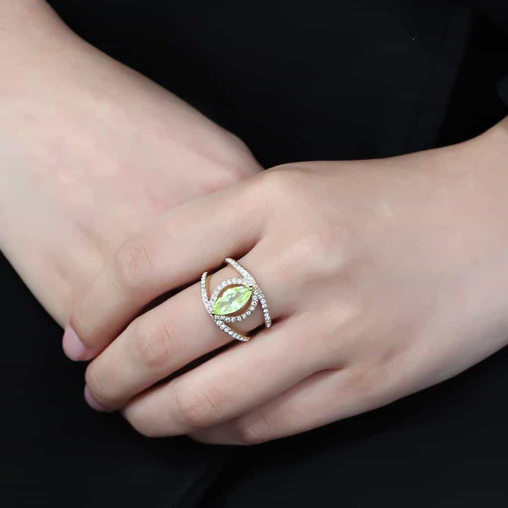 Stainless Steel Gold IP Apple Green CZ Marquise Pave Halo Ring view 9