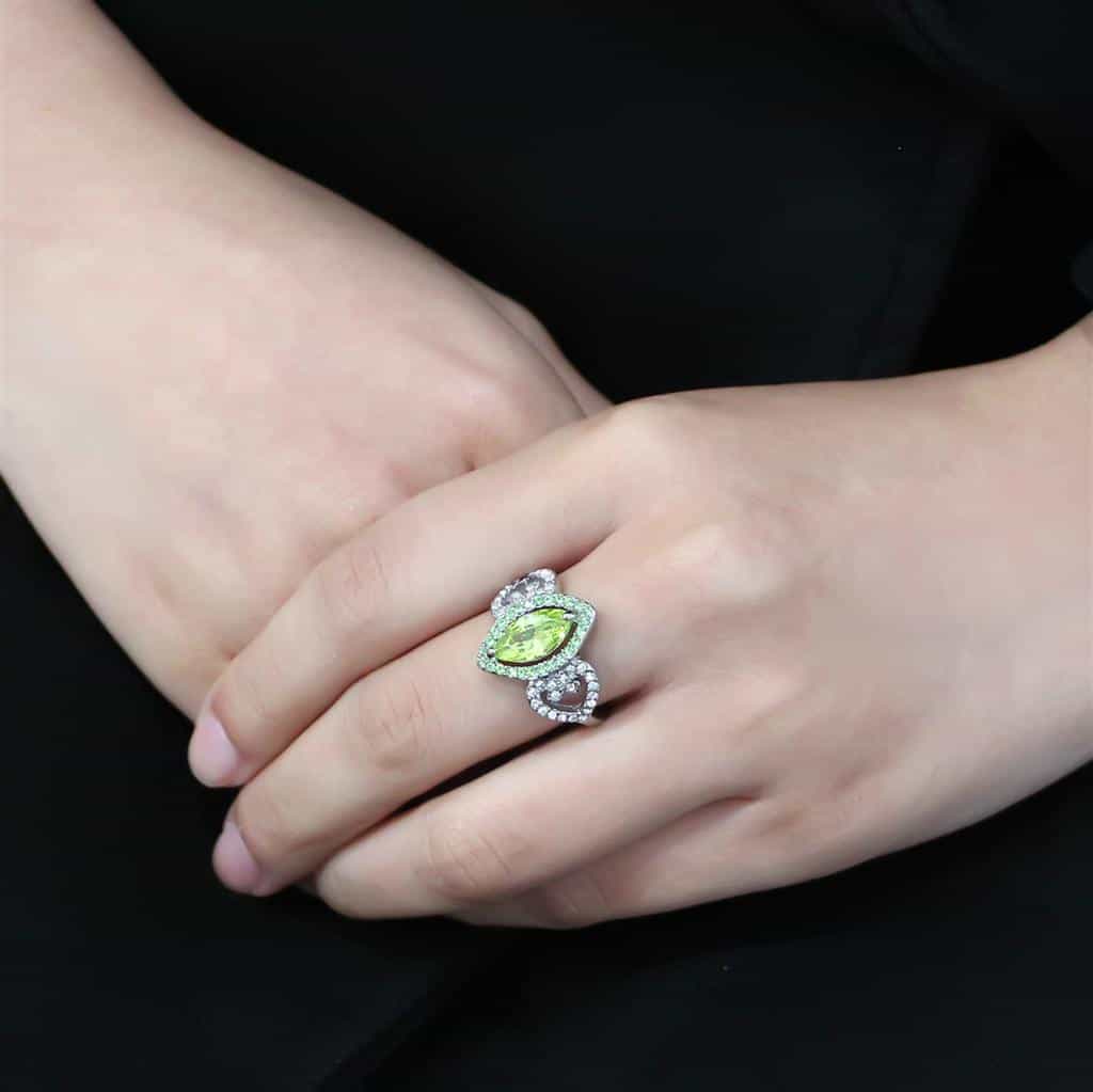Stainless Steel Peridot Green CZ Marquise Pave Leaf Halo Ring view 9