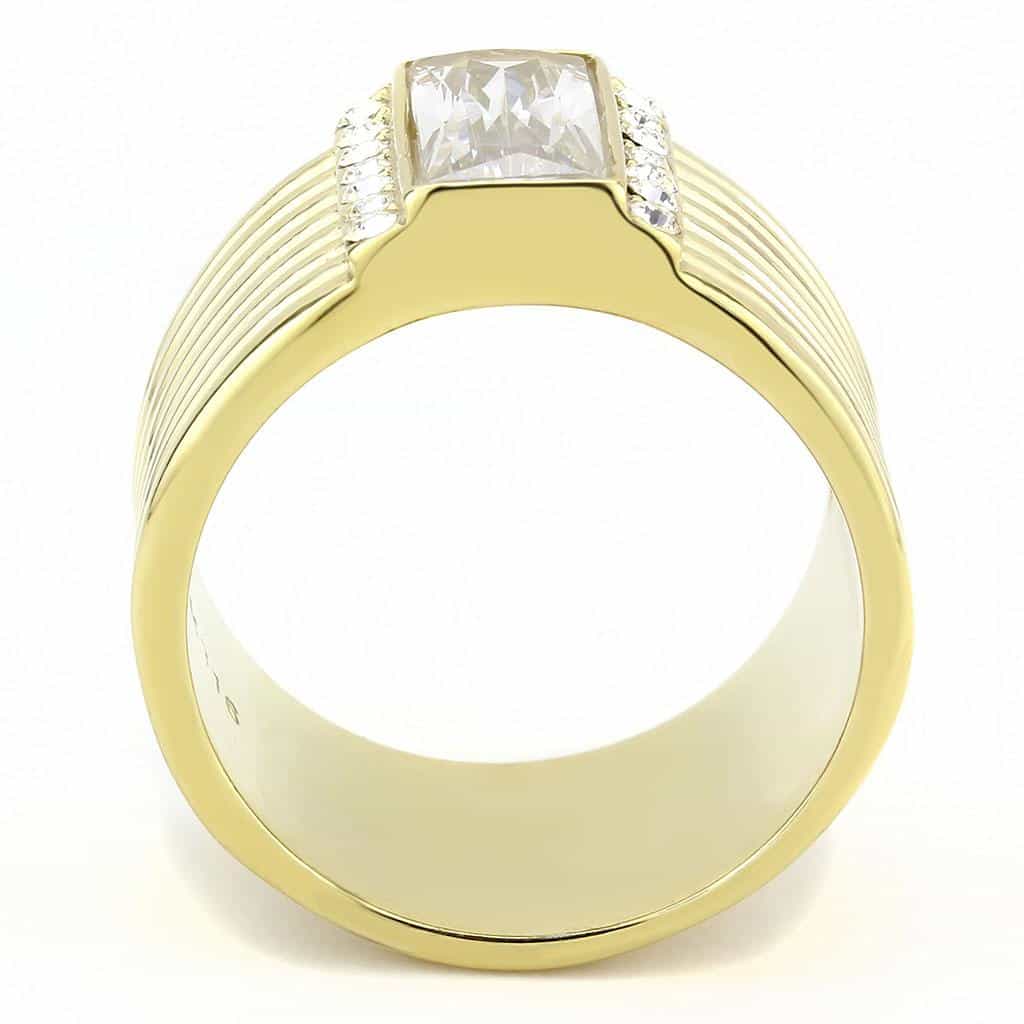 Stainless Steel Gold IP CZ Baguette Channel Ribbed Wide Band Ring view 5