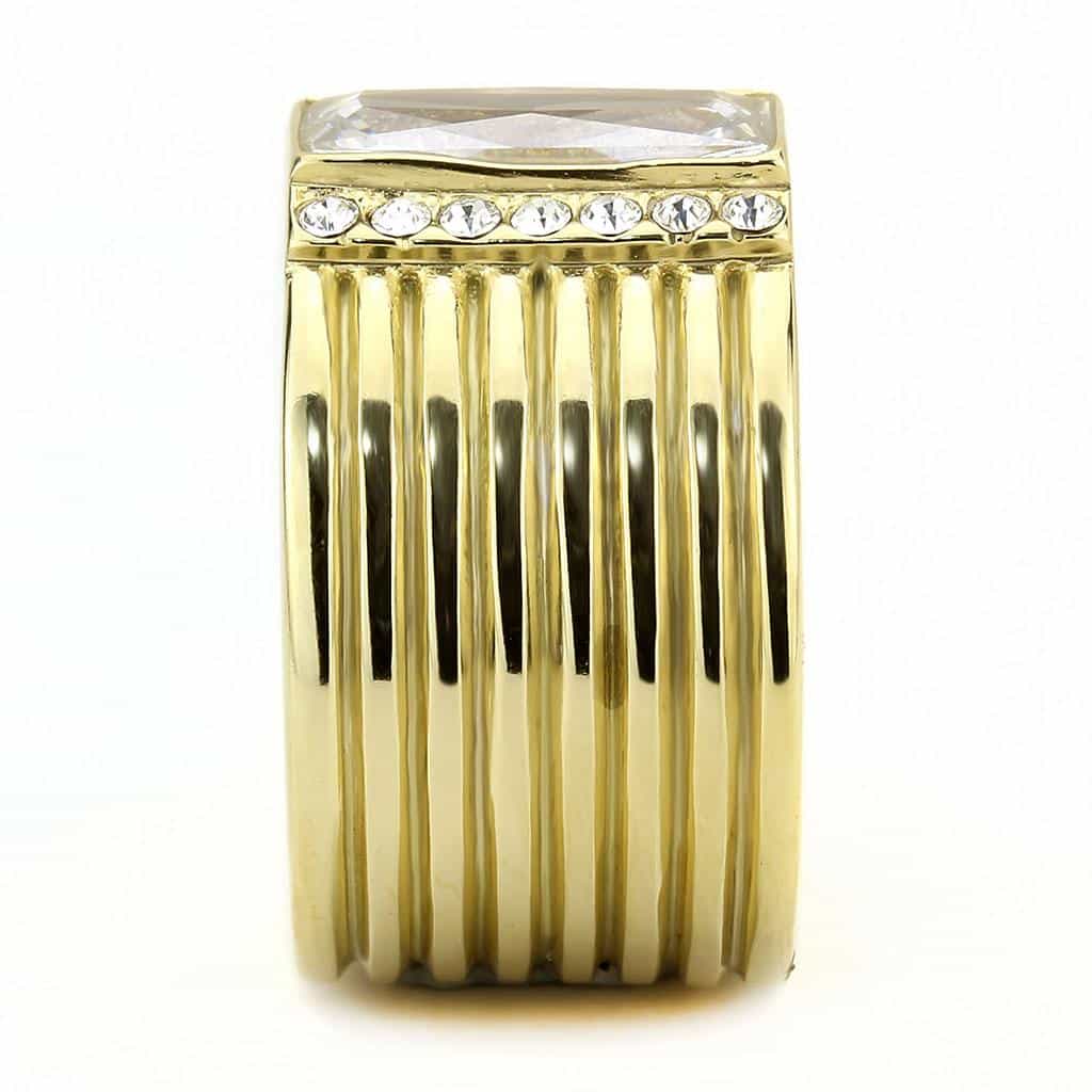 Stainless Steel Gold IP CZ Baguette Channel Ribbed Wide Band Ring view 7