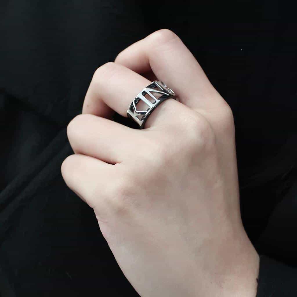 Stainless Steel Black IP Silver KING Letter Cutout Wide Band Ring view 11