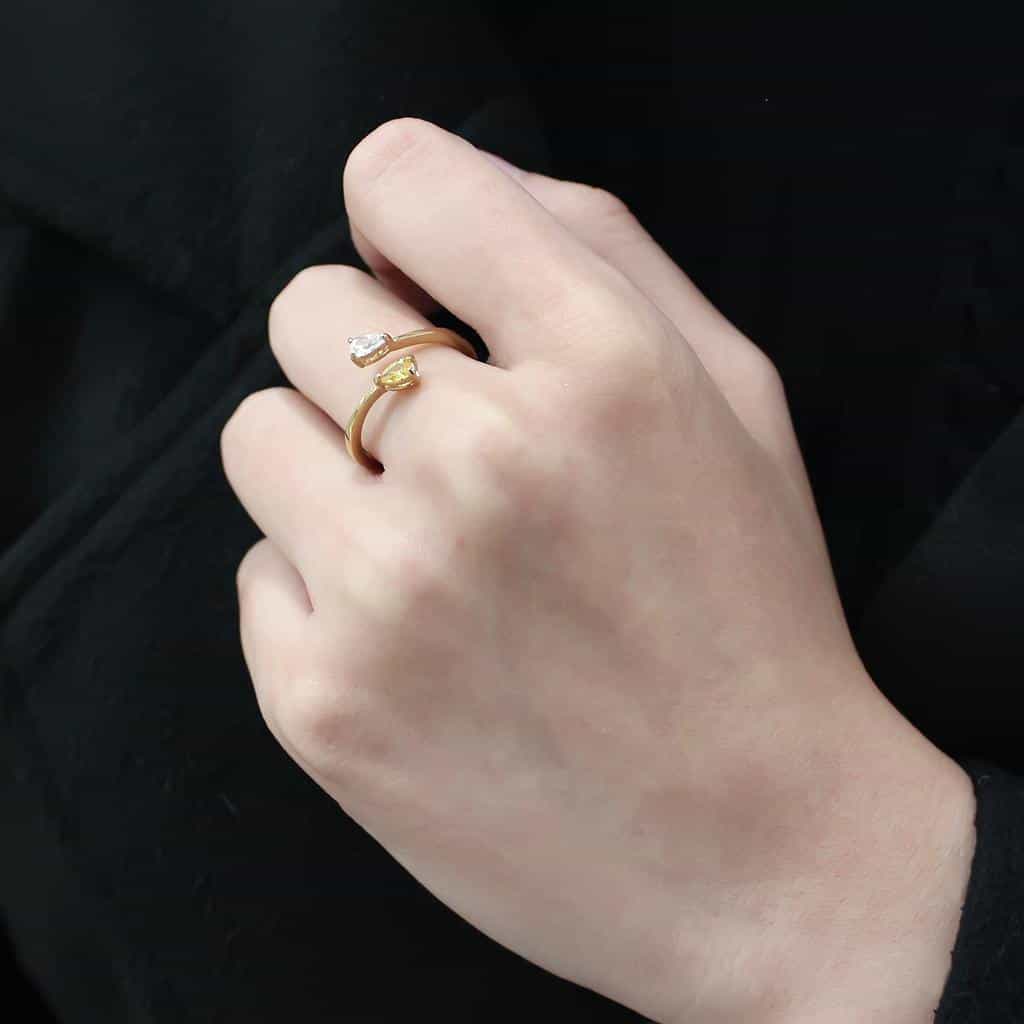 Stainless Steel Gold IP Yellow Citrine Pear CZ Heart Open Ring view 9