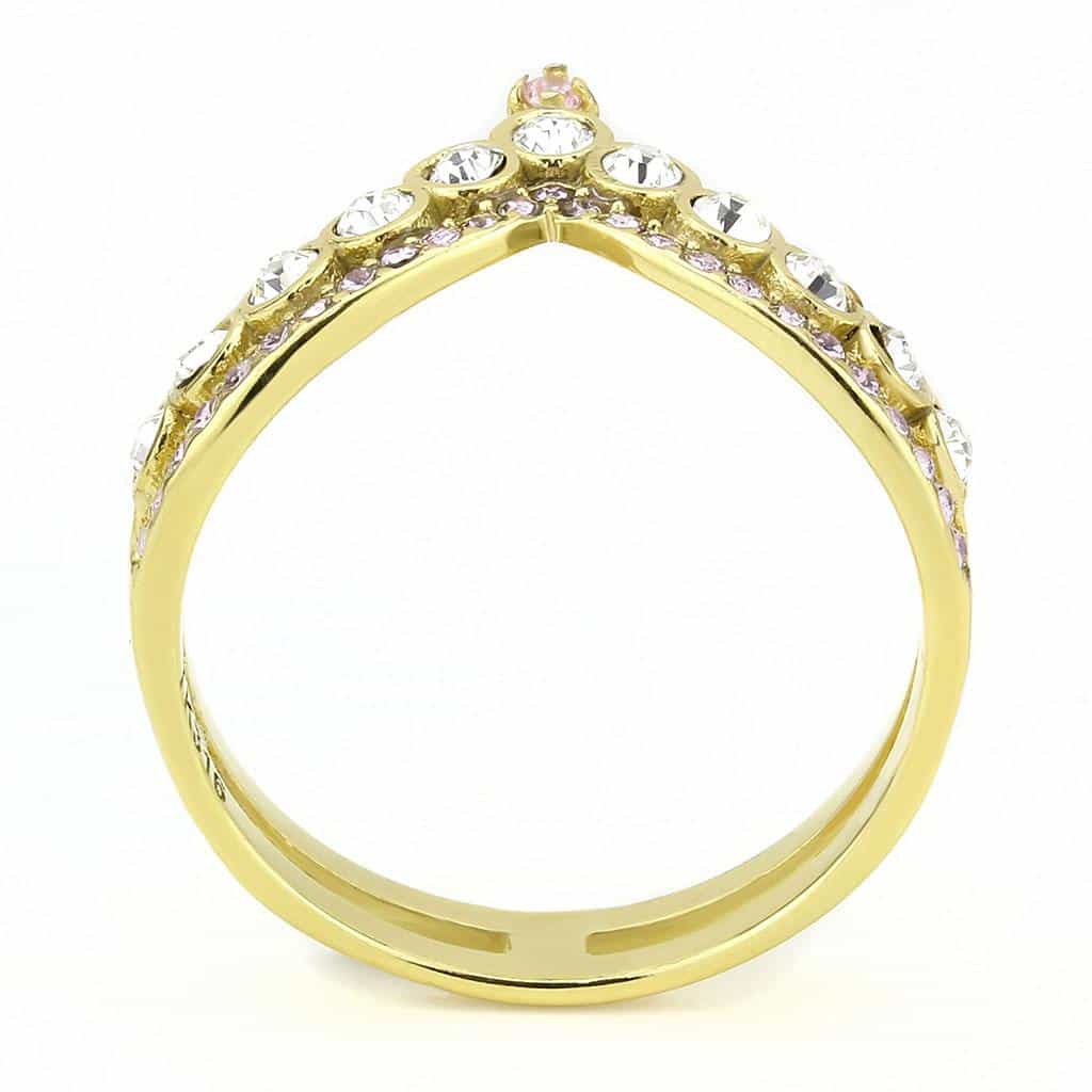 Stainless Steel Gold IP CZ Bezel Pink Crystal Crown Tiara Ring view 5