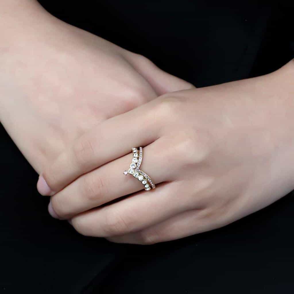 Stainless Steel Gold IP CZ Bezel Pink Crystal Crown Tiara Ring view 9