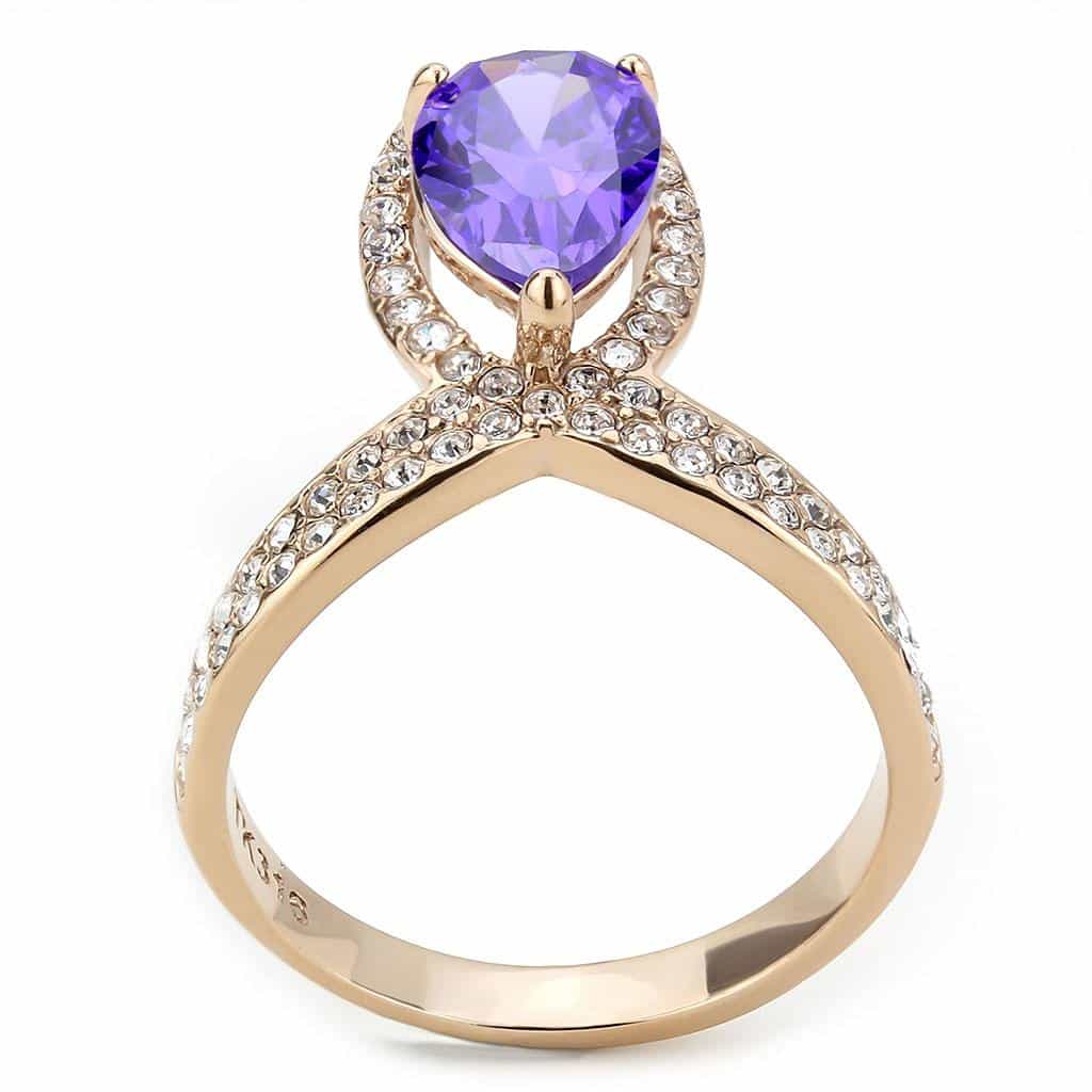 Stainless Steel Rose Gold IP Tanzanite Pear CZ Pave V Ring view 5