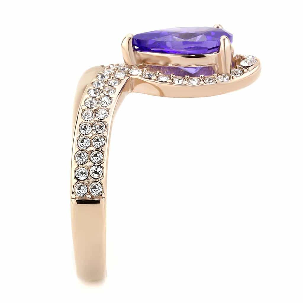 Stainless Steel Rose Gold IP Tanzanite Pear CZ Pave V Ring view 7