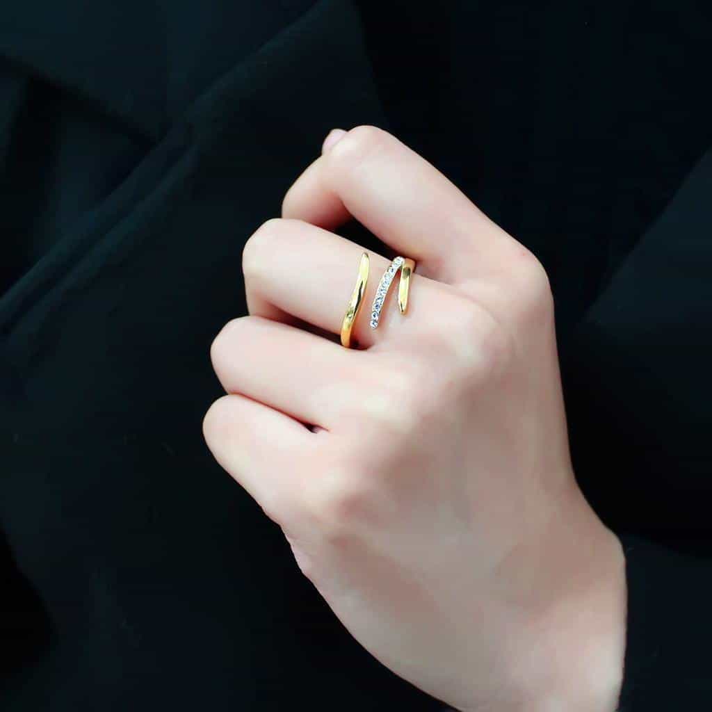 Stainless Steel Gold IP CZ Pave Leaf Bypass Ring view 11