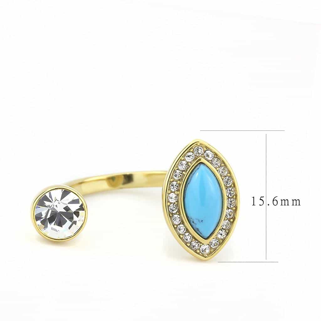 Stainless Steel Gold IP Turquoise Pear CZ Bezel Double Ring view 3