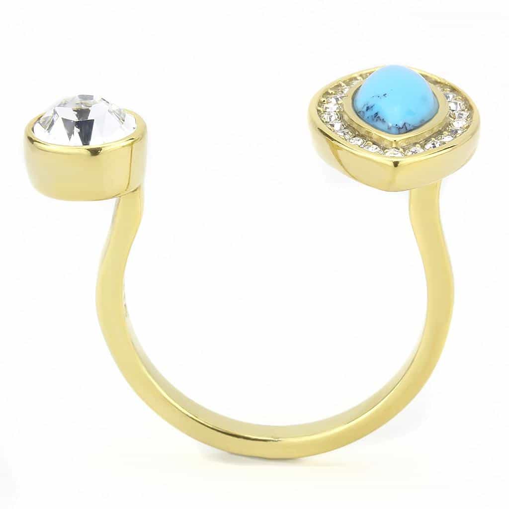 Stainless Steel Gold IP Turquoise Pear CZ Bezel Double Ring view 5