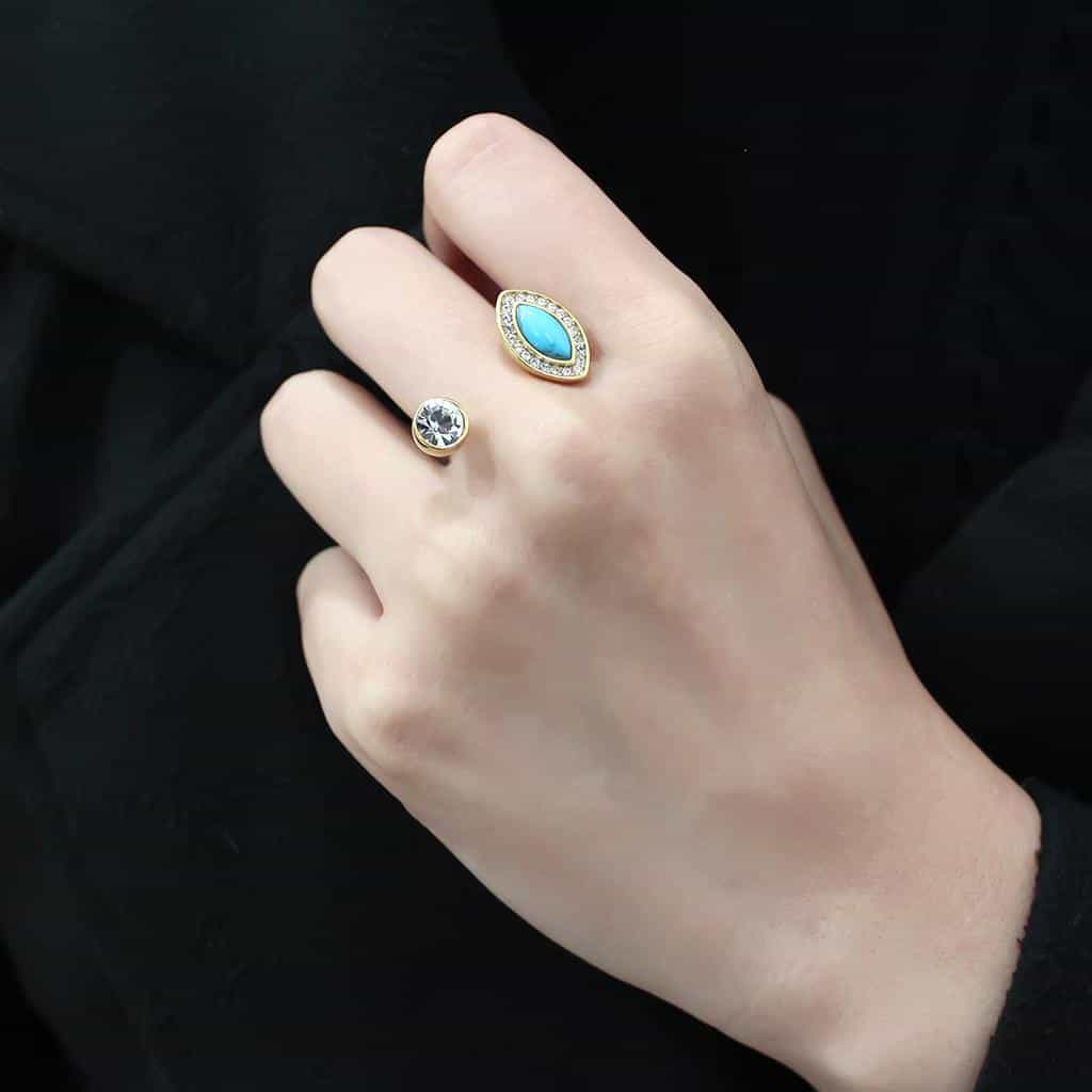 Stainless Steel Gold IP Turquoise Pear CZ Bezel Double Ring view 11