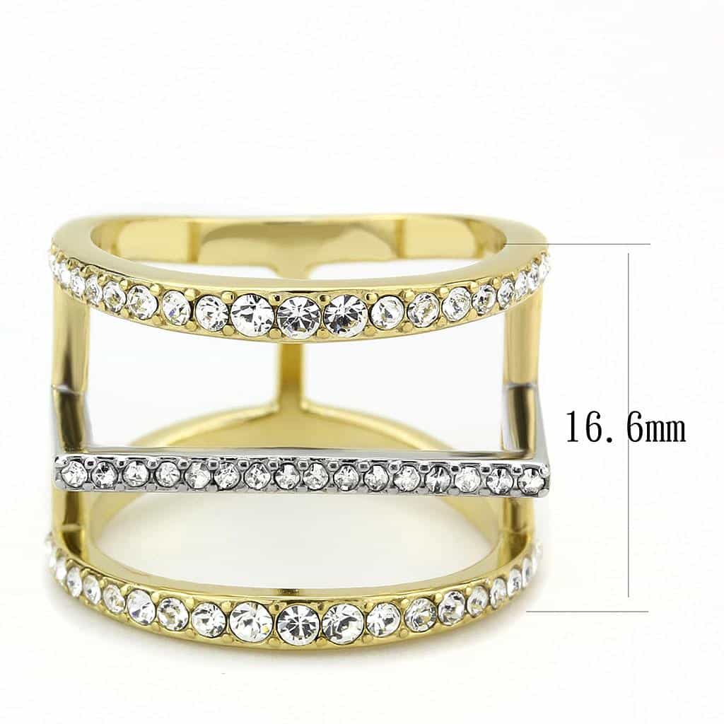 Stainless Steel Two-Tone Gold Silver CZ Pave Rectangle Ring view 3