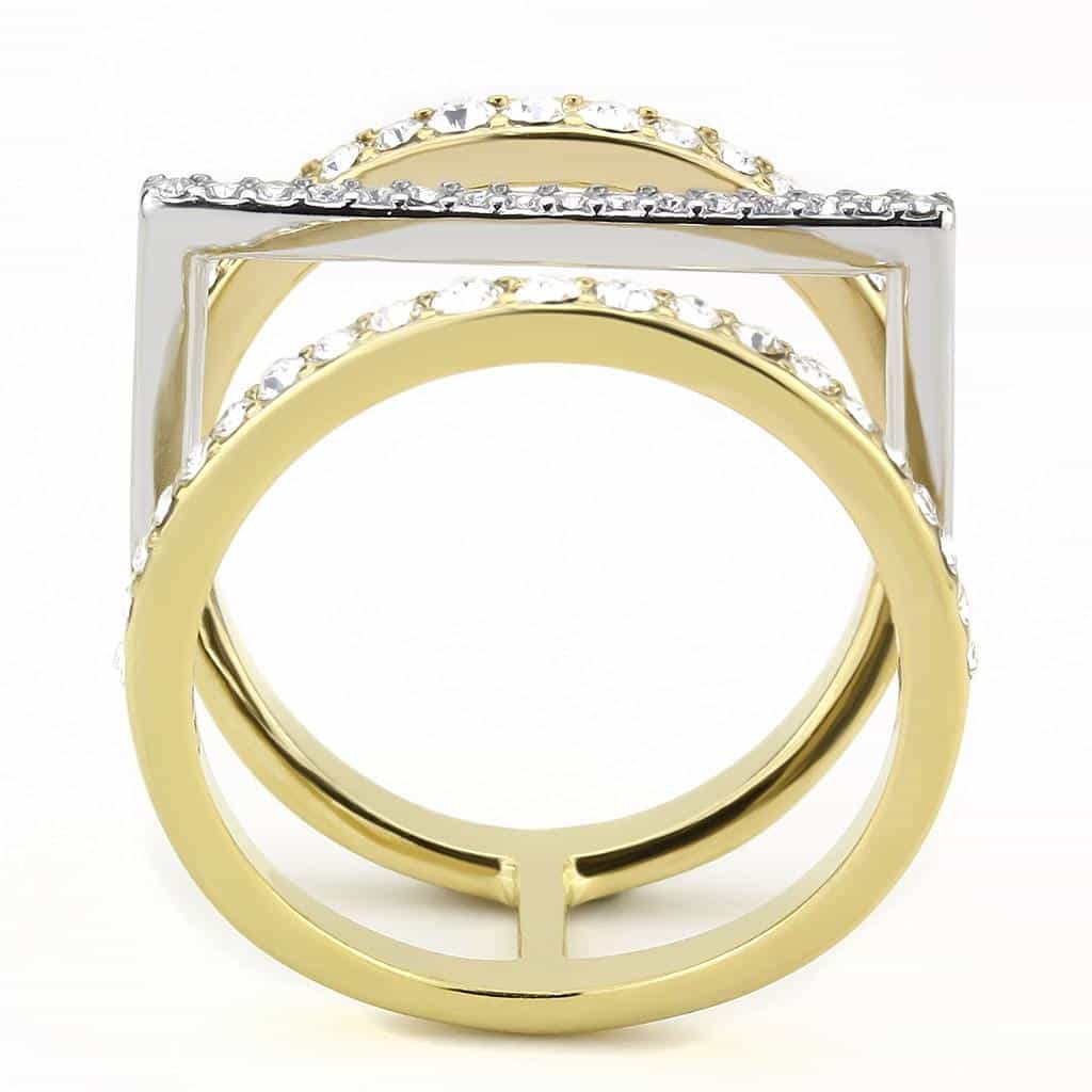 Stainless Steel Two-Tone Gold Silver CZ Pave Rectangle Ring view 5