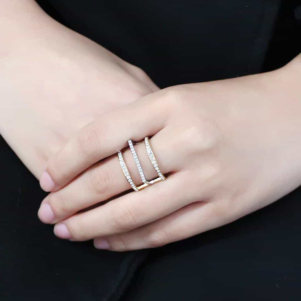 Stainless Steel Two-Tone Gold Silver CZ Pave Rectangle Ring view 9