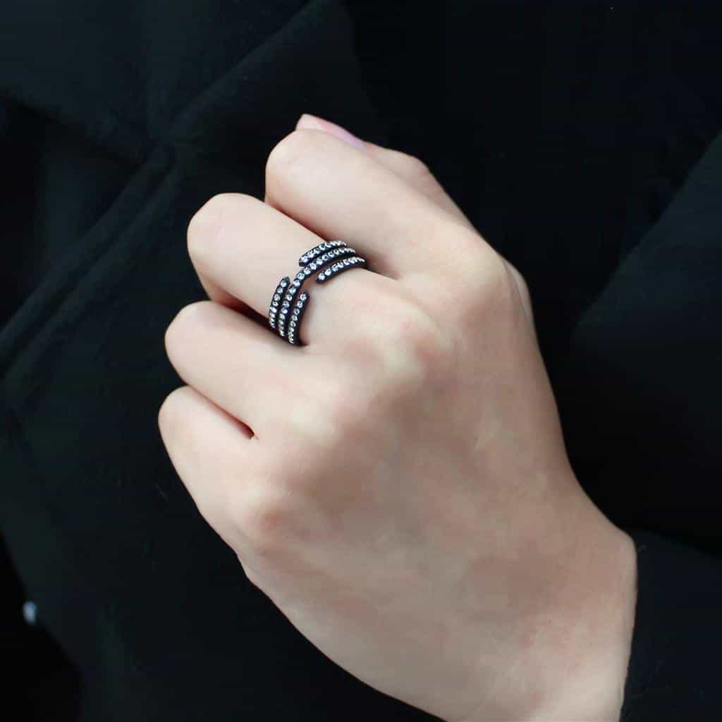 Stainless Steel Black IP CZ Pave Triple Row Spiral Wide Band Ring view 9