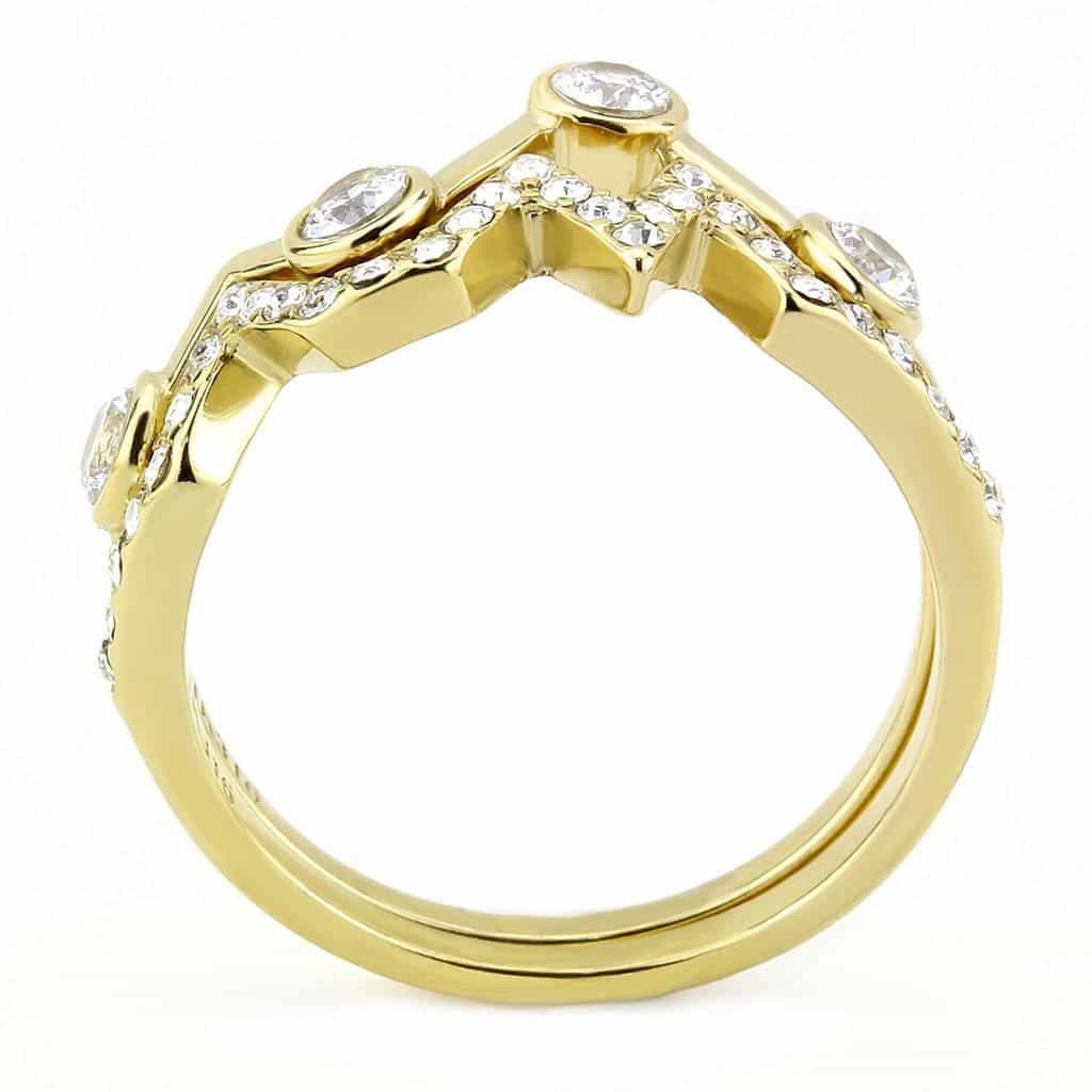 Stainless Steel Gold IP CZ Bezel Heartbeat Zigzag Pave Open Ring view 5