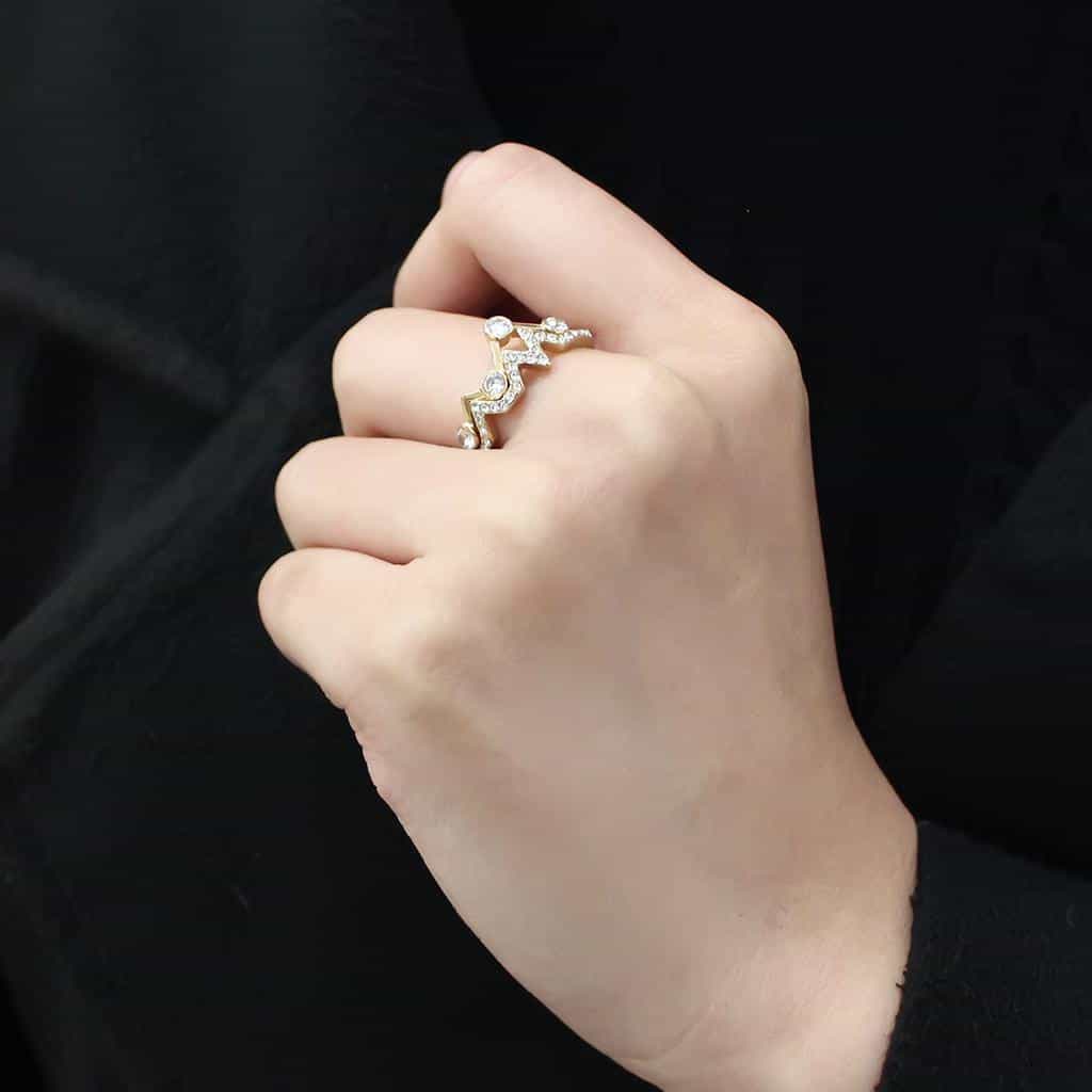 Stainless Steel Gold IP CZ Bezel Heartbeat Zigzag Pave Open Ring view 9