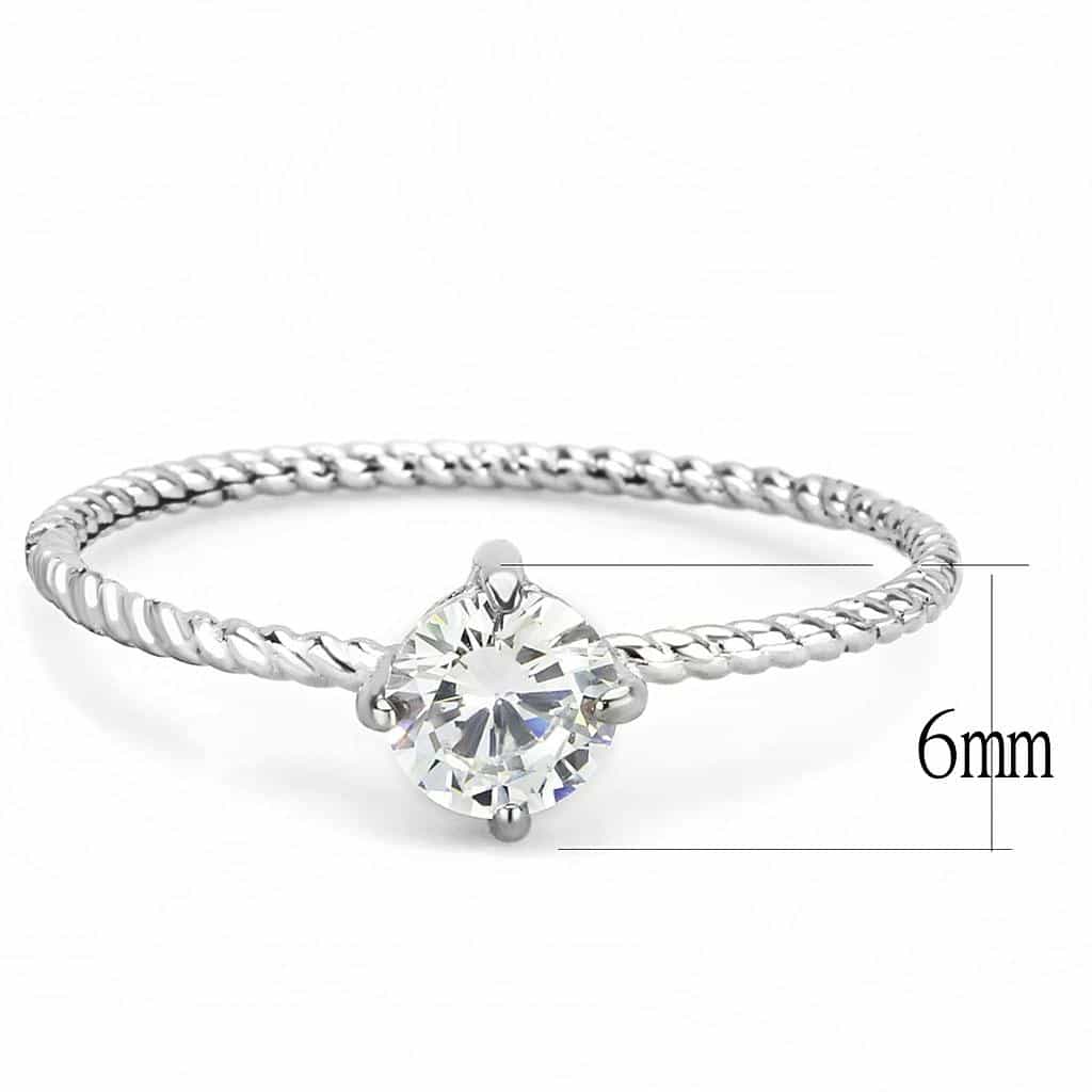 Stainless Steel Silver CZ Round Rope Twist Thin Solitaire Ring view 3