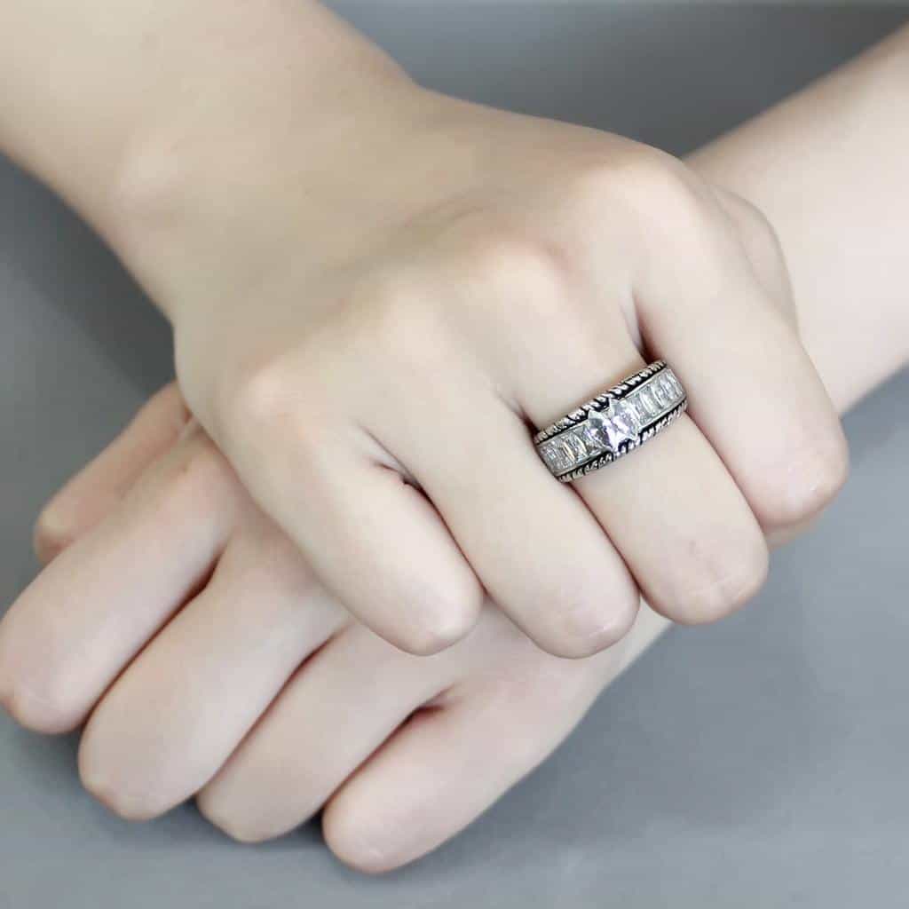 Stainless Steel Silver CZ Marquise Baguette Rope Twist Stack Ring view 9