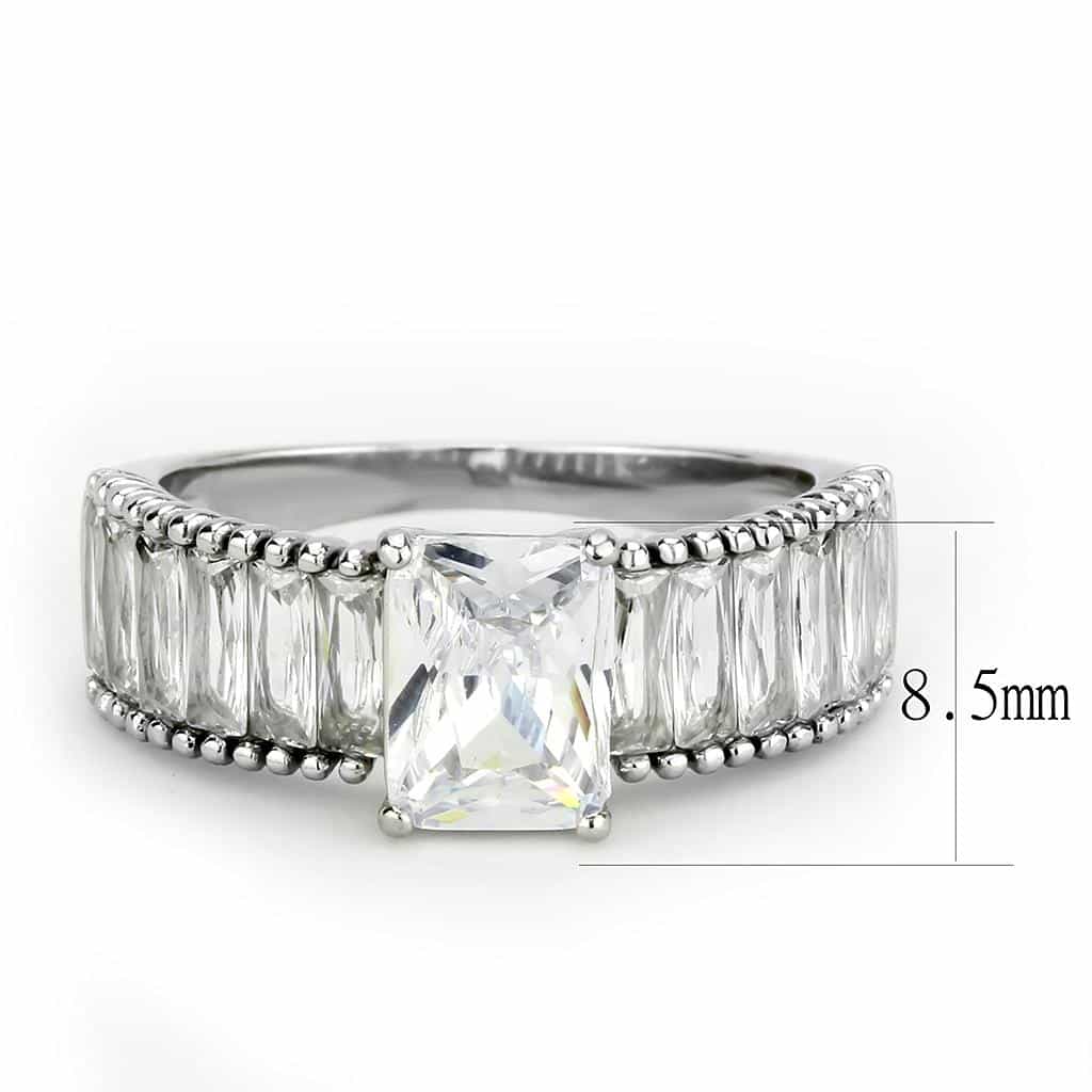 Stainless Steel Silver CZ Princess Emerald Cut Baguette Bead Ring view 3