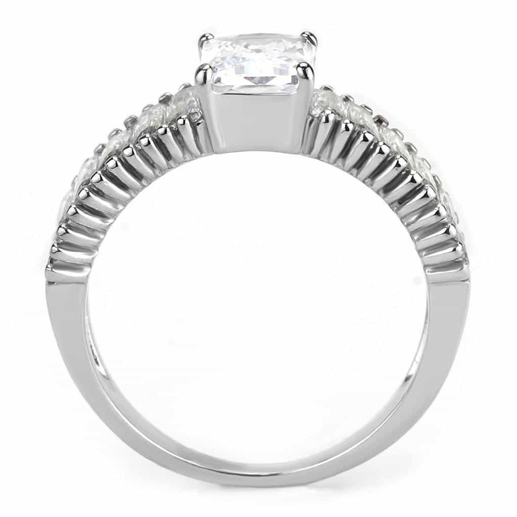 Stainless Steel Silver CZ Princess Emerald Cut Baguette Bead Ring view 5