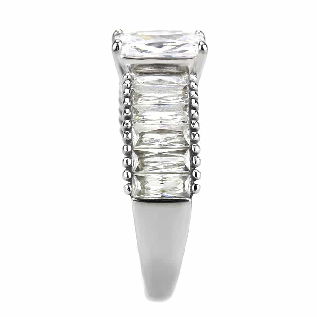 Stainless Steel Silver CZ Princess Emerald Cut Baguette Bead Ring view 7