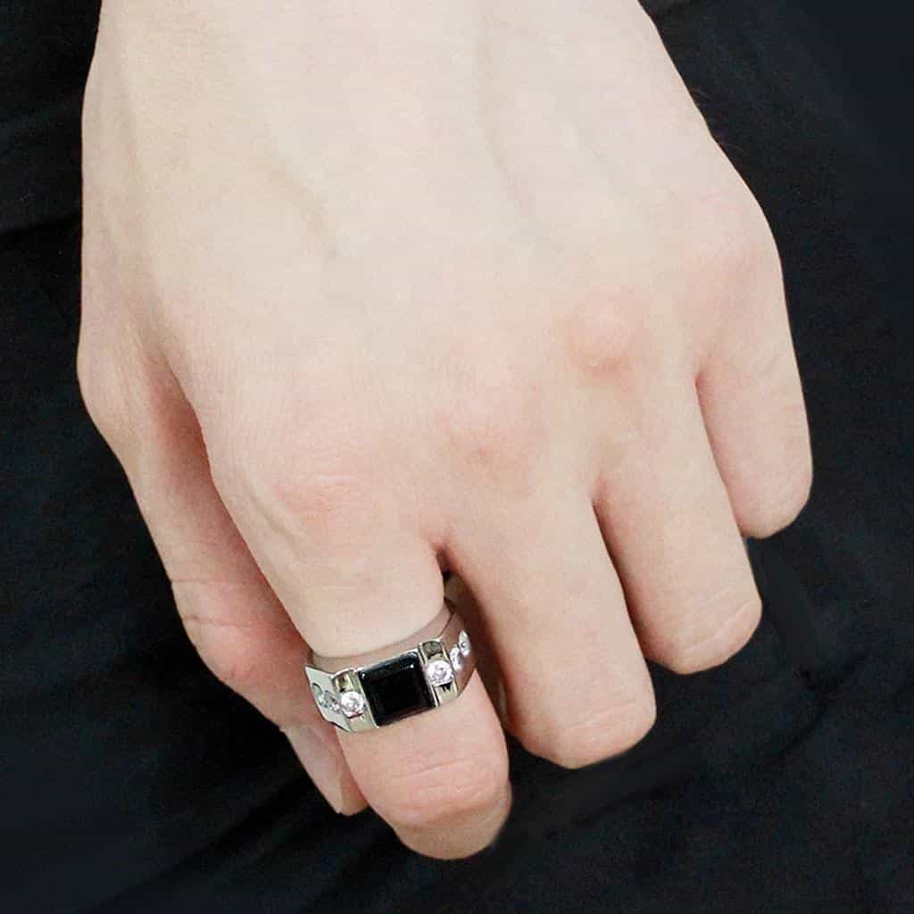 Stainless Steel Black Onyx Square CZ Round Accent Mens Ring view 9