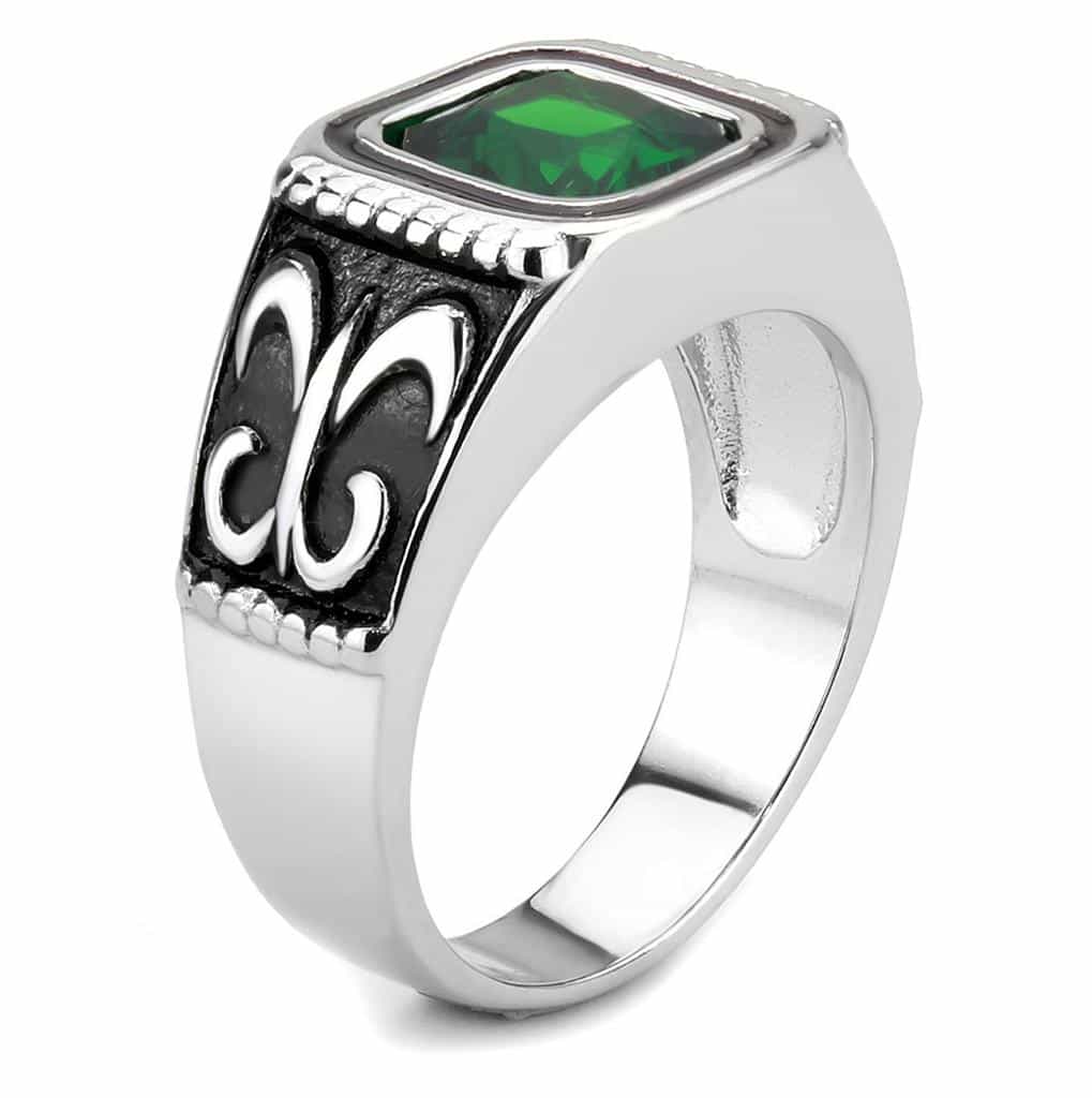 Stainless Steel Silver Emerald Green Square CZ Fleur De Lis Ring view 7