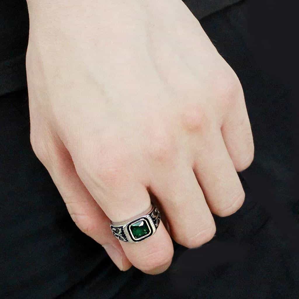 Stainless Steel Silver Emerald Green Square CZ Fleur De Lis Ring view 9