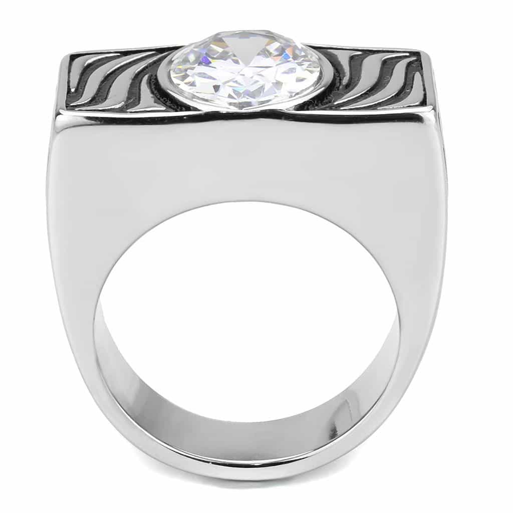 Stainless Steel CZ Round Bezel Zebra Wave Carved Mens Signet Ring view 5