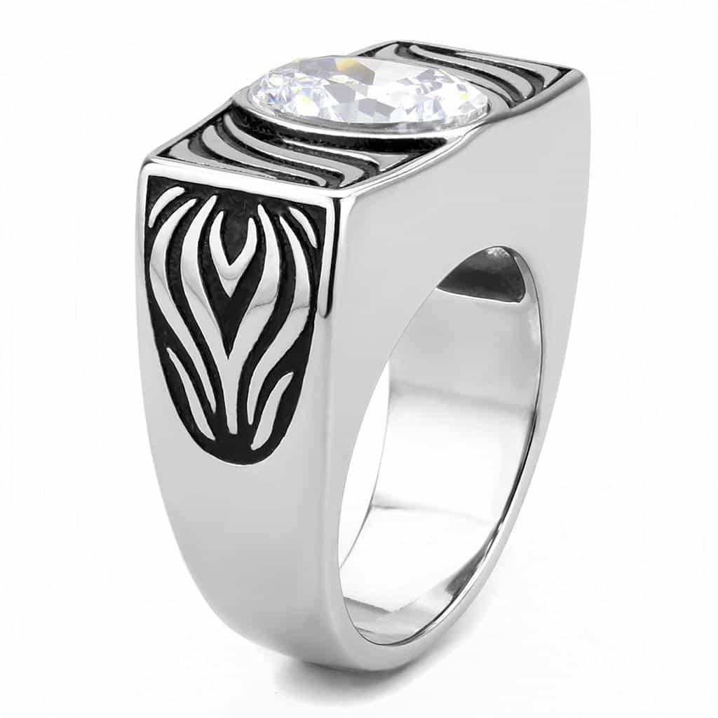 Stainless Steel CZ Round Bezel Zebra Wave Carved Mens Signet Ring view 7