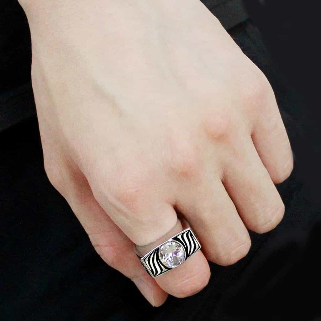 Stainless Steel CZ Round Bezel Zebra Wave Carved Mens Signet Ring view 9