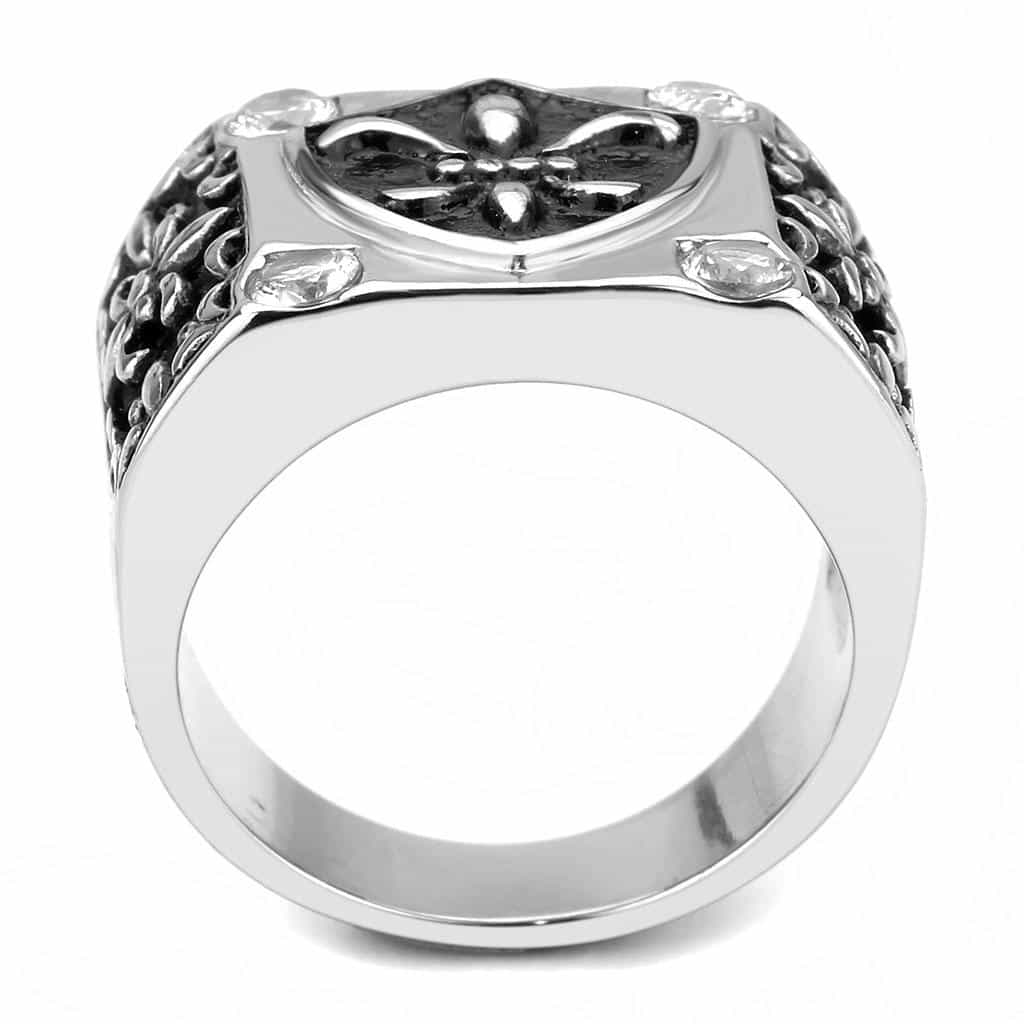 Stainless Steel Silver Black Enamel CZ Fleur De Lis Shield Ring view 5