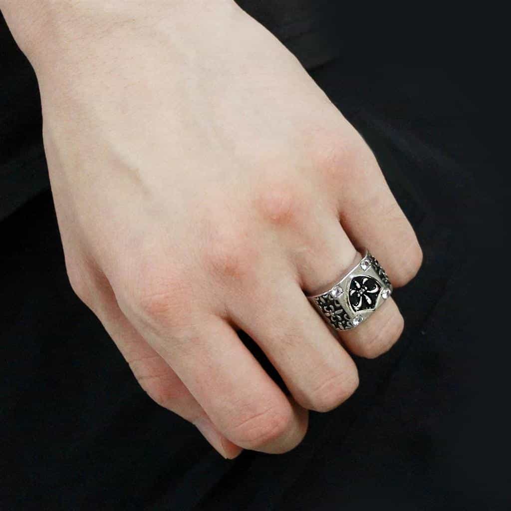 Stainless Steel Silver Black Enamel CZ Fleur De Lis Shield Ring view 9