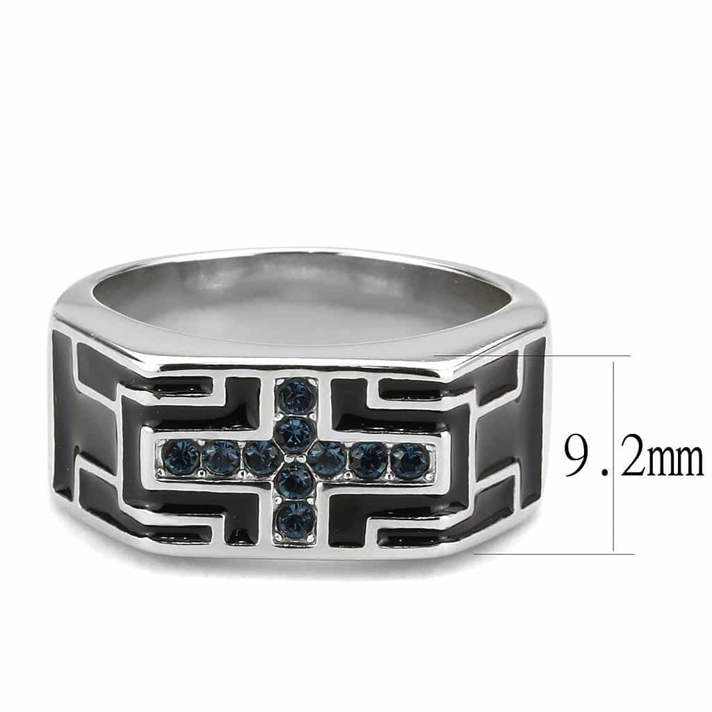 Stainless Steel Silver Blue Sapphire CZ Pave Cross Geometric Ring view 3
