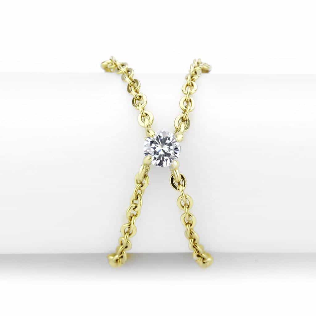 Stainless Steel Gold IP CZ Bezel Station Chain Ring view 3