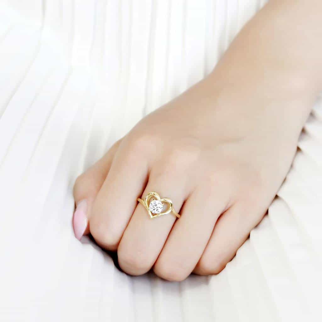 Stainless Steel Gold IP CZ Round Heart Frame Solitaire Ring view 9