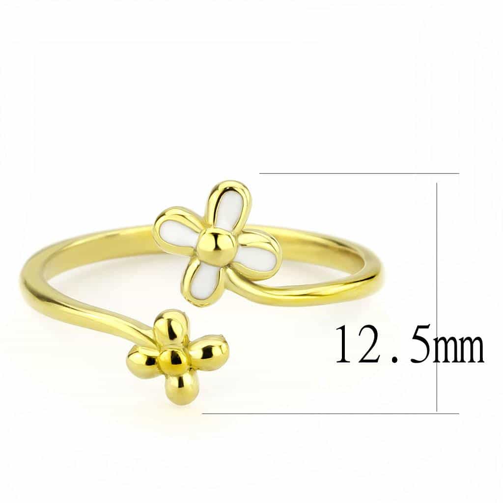 Stainless Steel Gold IP White Enamel Flower Daisy CZ Open Ring view 3