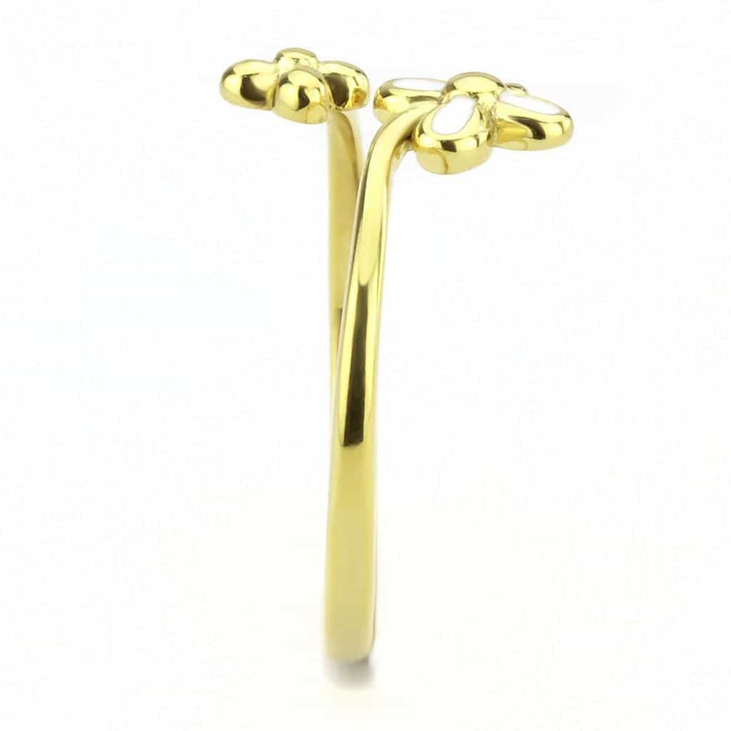Stainless Steel Gold IP White Enamel Flower Daisy CZ Open Ring view 7