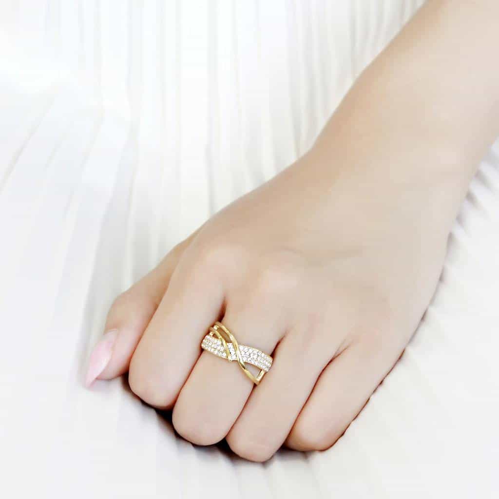 Stainless Steel Gold IP CZ Pave Crossover Infinity Wave Ring view 9