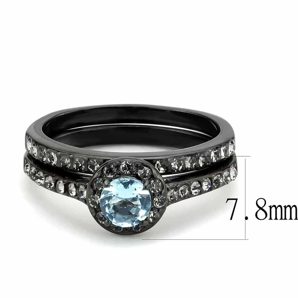 Stainless Steel Black IP Aquamarine Round CZ Pave Halo Stack Ring view 3