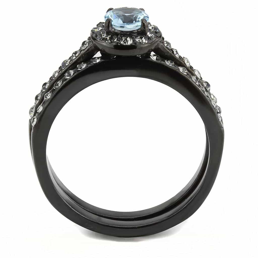 Stainless Steel Black IP Aquamarine Round CZ Pave Halo Stack Ring view 5
